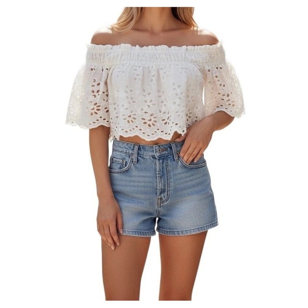 Free People Eyelet Crop Top Womens L White Cotton Off Shoulder Boho NWT